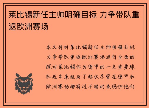 莱比锡新任主帅明确目标 力争带队重返欧洲赛场