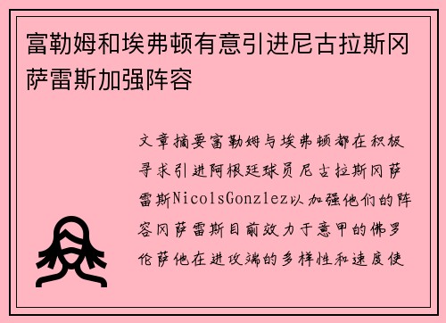 富勒姆和埃弗顿有意引进尼古拉斯冈萨雷斯加强阵容